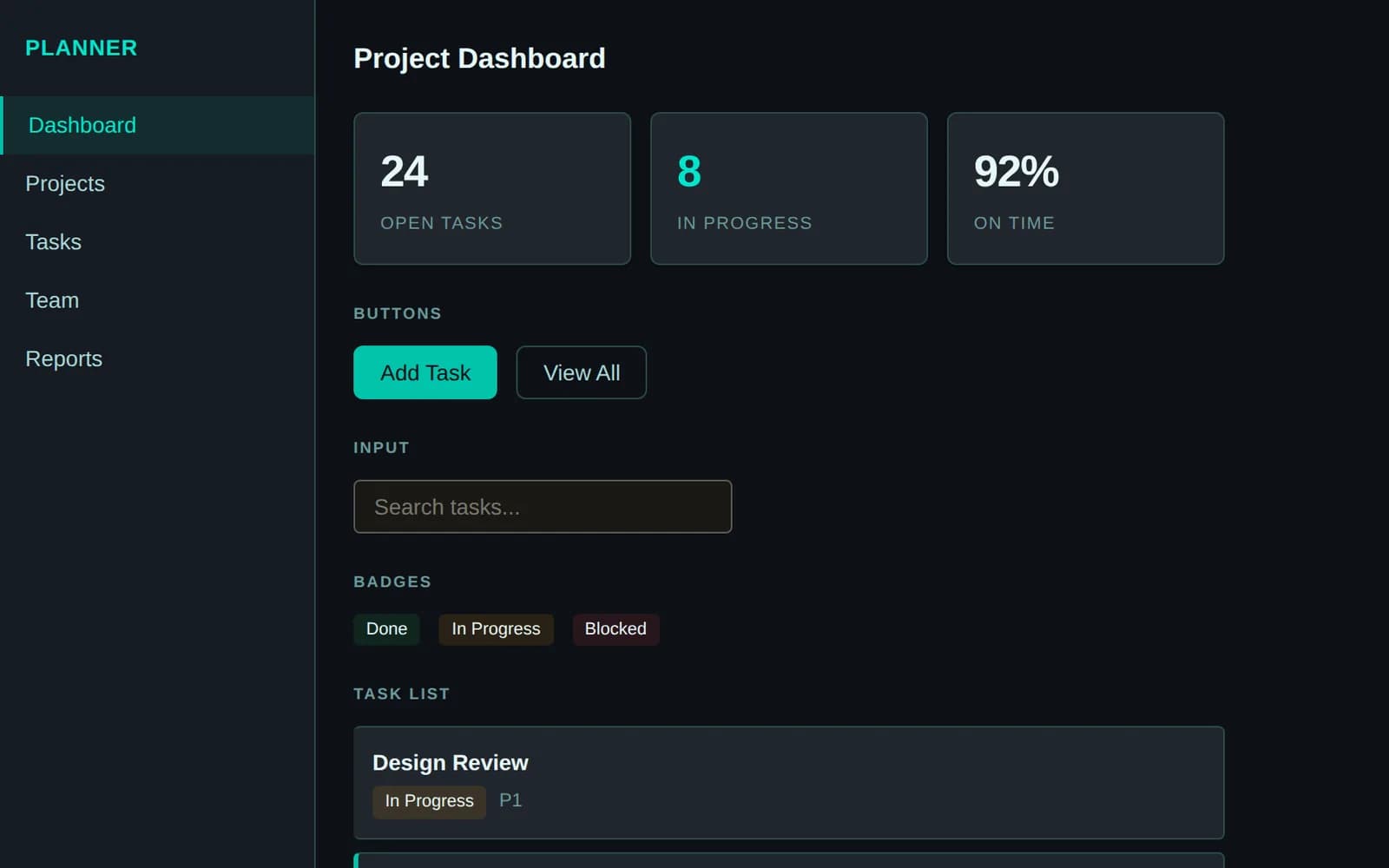 Dark dashboard with a sidebar, three stat cards, teal buttons, a search field, status badges and a task card.