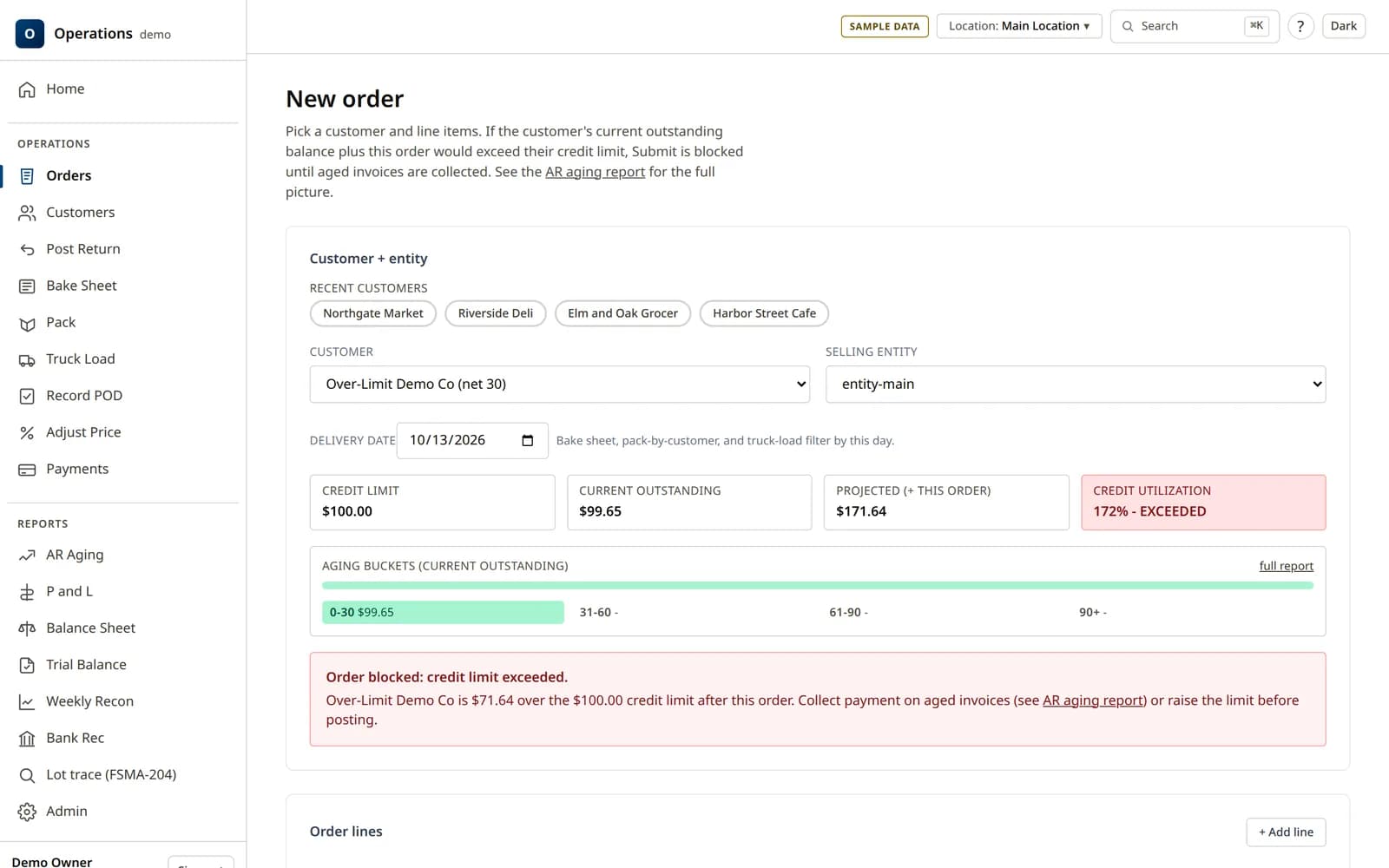 New order form showing a demo customer's credit limit, current balance and projected balance, with a red notice that the order is blocked.
