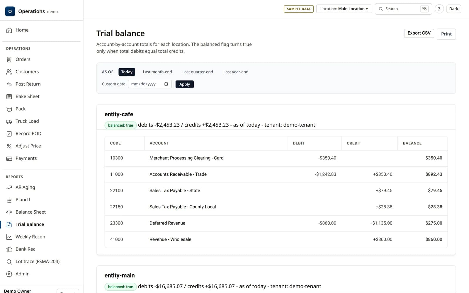 Trial balance for two demo locations listing account codes, names, debits, credits and balances with a balanced flag.