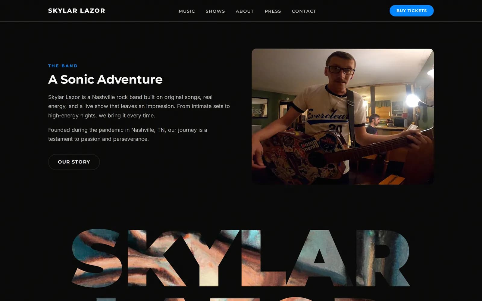 Section titled A Sonic Adventure with a short band story beside a photo of a guitarist mid-song.