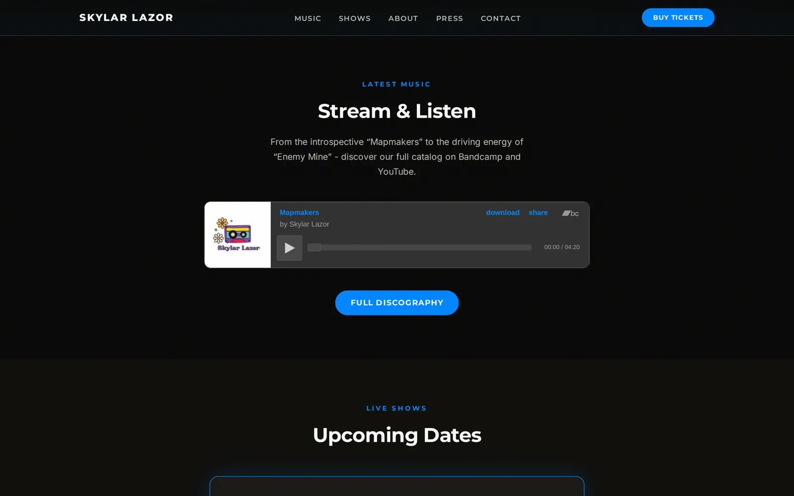 Music section titled Stream and Listen with an embedded audio player and a full discography button.