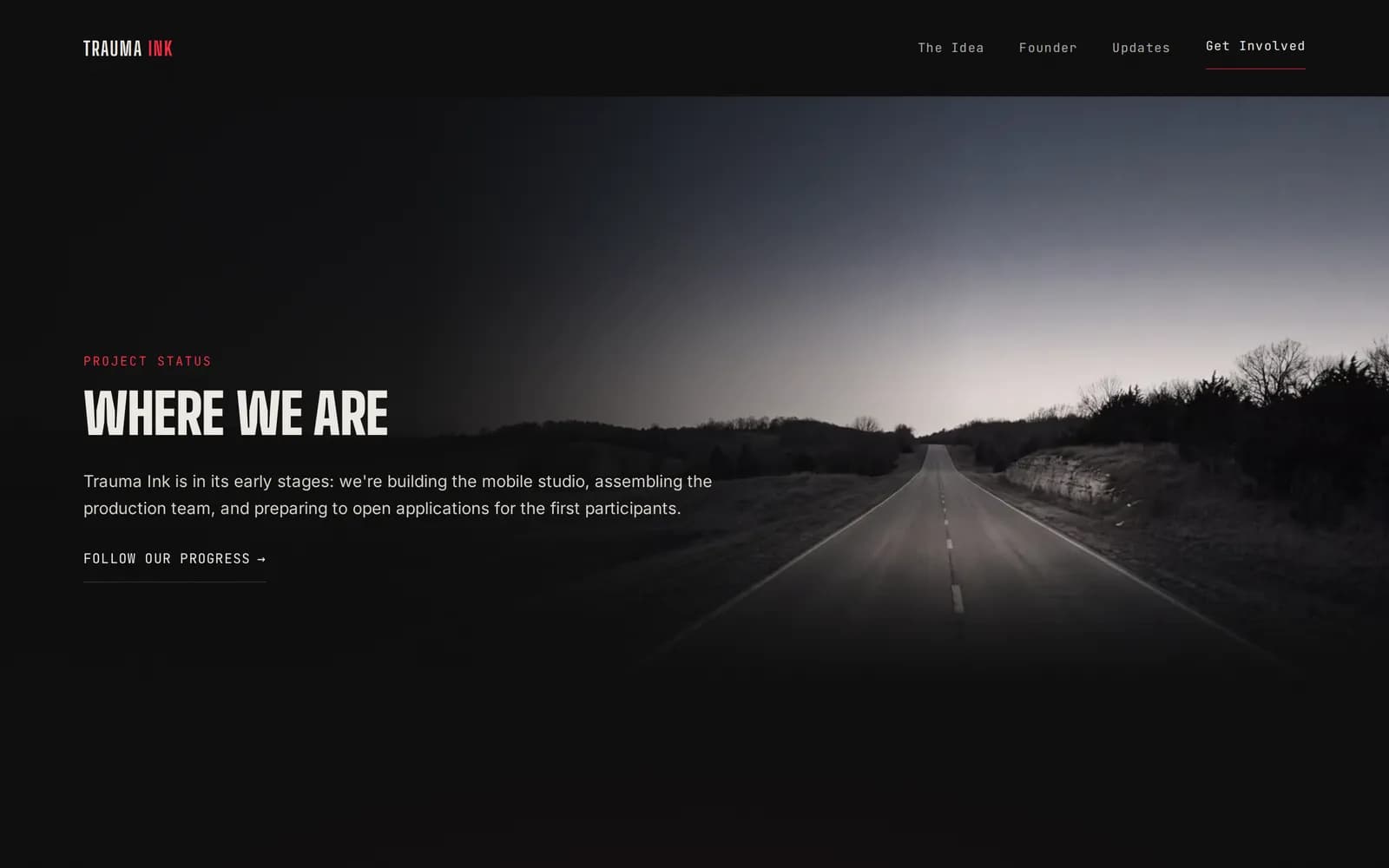 Dark section titled Where we are over a photograph of an open road, with a short status note and a follow link.