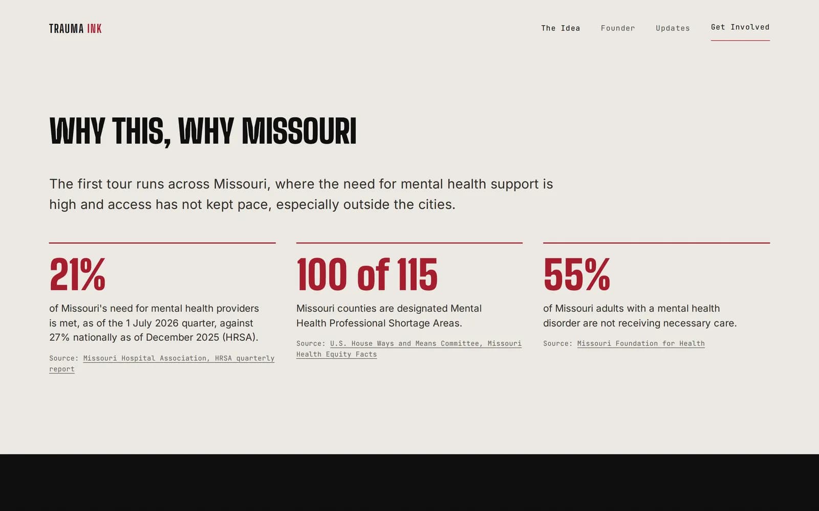 Light page section titled Why this, why Missouri with three large red statistics and their sources.