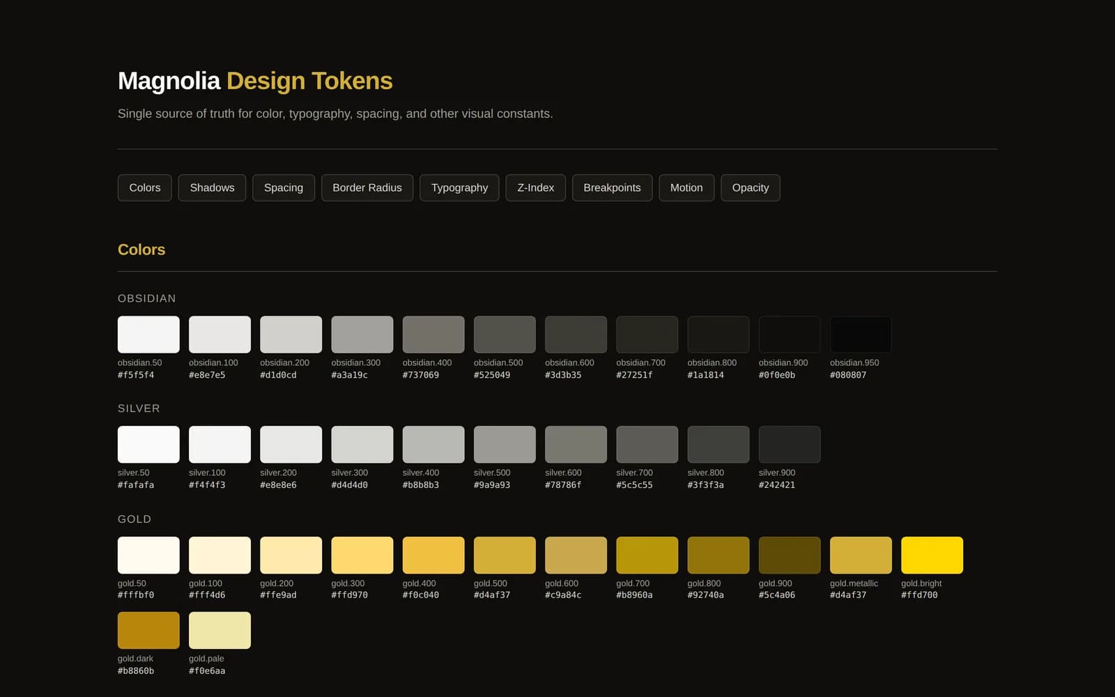 Dark reference page listing three color scales, obsidian, silver and gold, as swatches labeled with their names and hex values.
