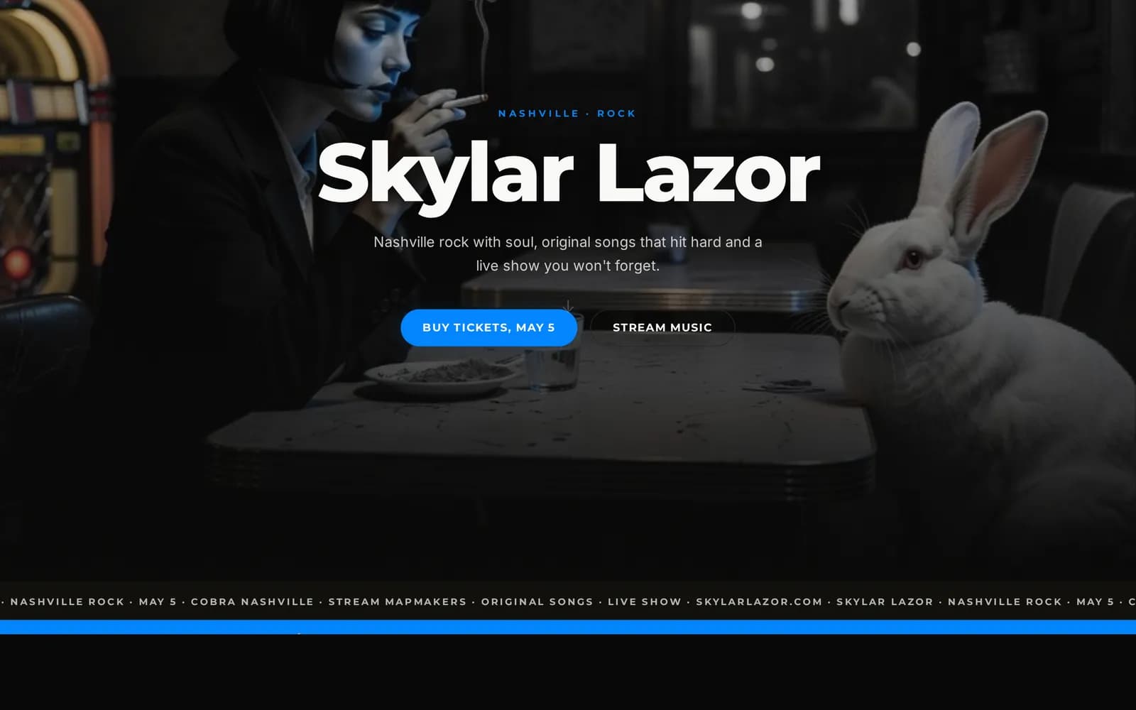 Band home page with the name Skylar Lazor in large white type over a dim diner scene, with ticket and streaming buttons.